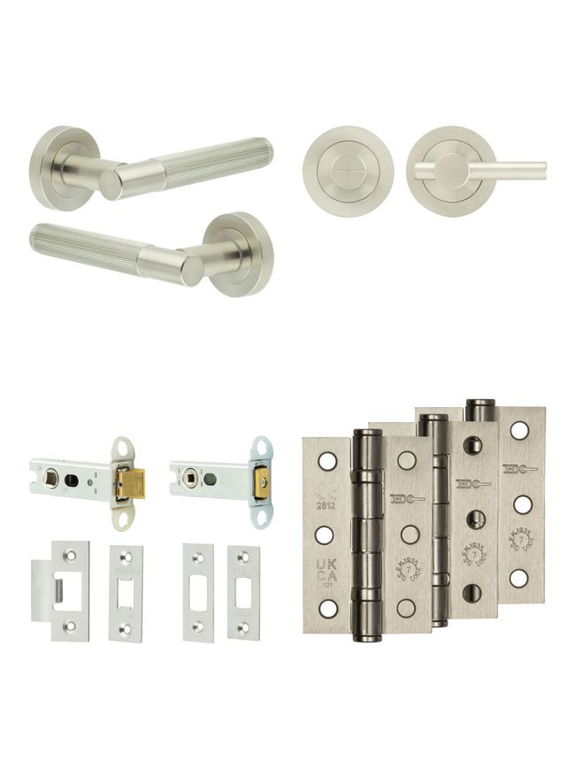 Complete Venice Door Handle Pack - Heavy Duty Tubular Bathroom (Plain Thumb Turn) - Satin Nickel - 76mm / 3-inch Hinges - JE-F31B2-SN