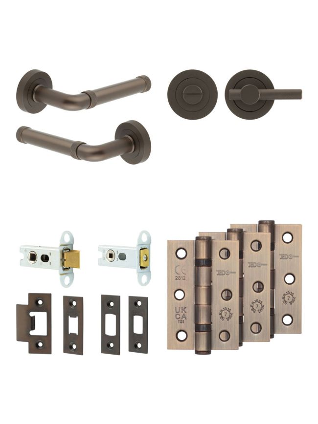 Complete Midtown Door Handle Pack - Heavy Duty Tubular Bathroom (Knurled Thumb Turn) - Dark Bronze - 64mm / 3-inch Hinges - JE-G30B1-DB