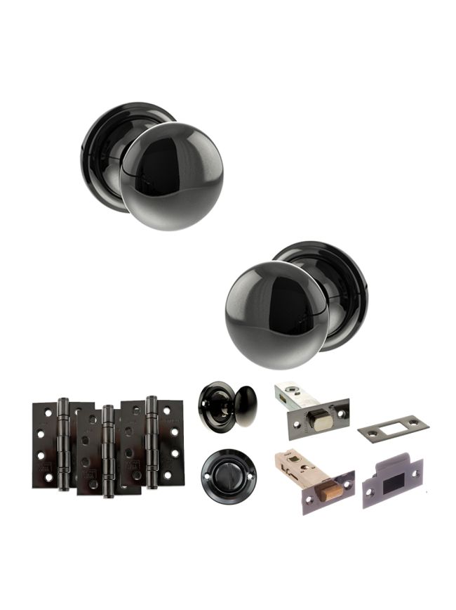 Old English Harrogate Door Knob Pack (Bathroom Set - 4" Deadbolt, 4" Fire Rated Hinges x3) - Black Nickel