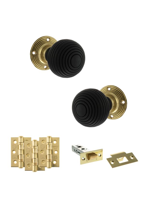 Old English Whitby Door Knob Pack (Latch Set - 4" HD Latch, 3" Fire Rated Hinges x3) - Polished Brass