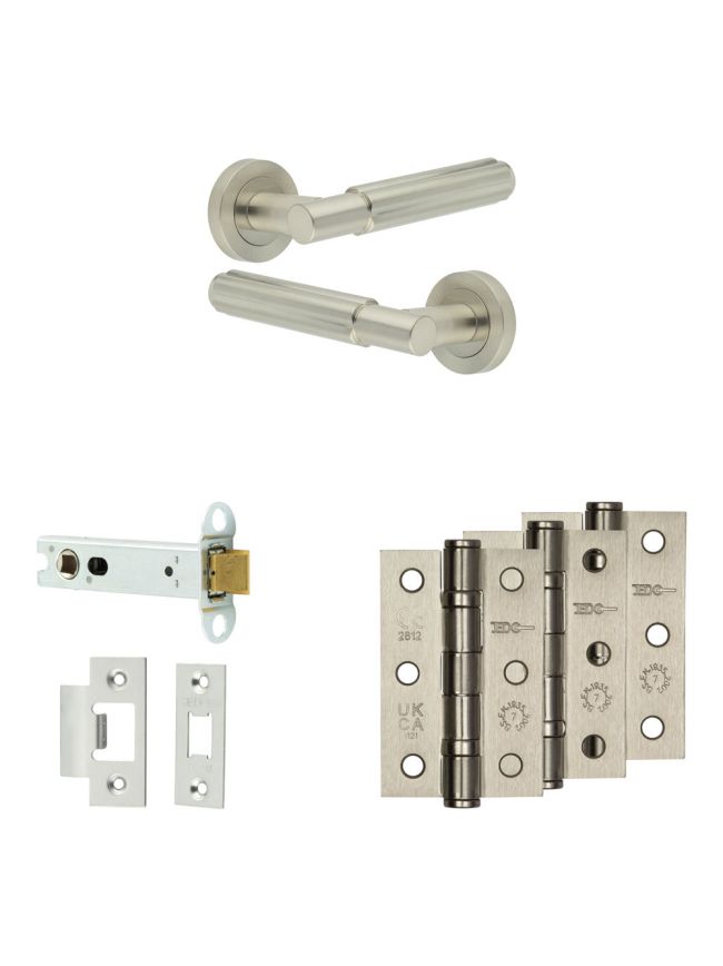 Complete Bloom Door Handle Pack - Heavy Duty Latch - Satin Nickel - 102mm / 3-inch Hinges - JE-B22B-SN