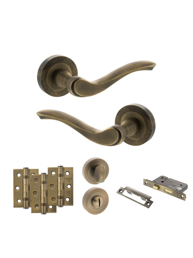 Old English Warwick Door Handle Pack (Bathroom Set - 2.5" CE Bathroom Lock, 3" Fire Rated Hinges x3) - Matt Antique Brass