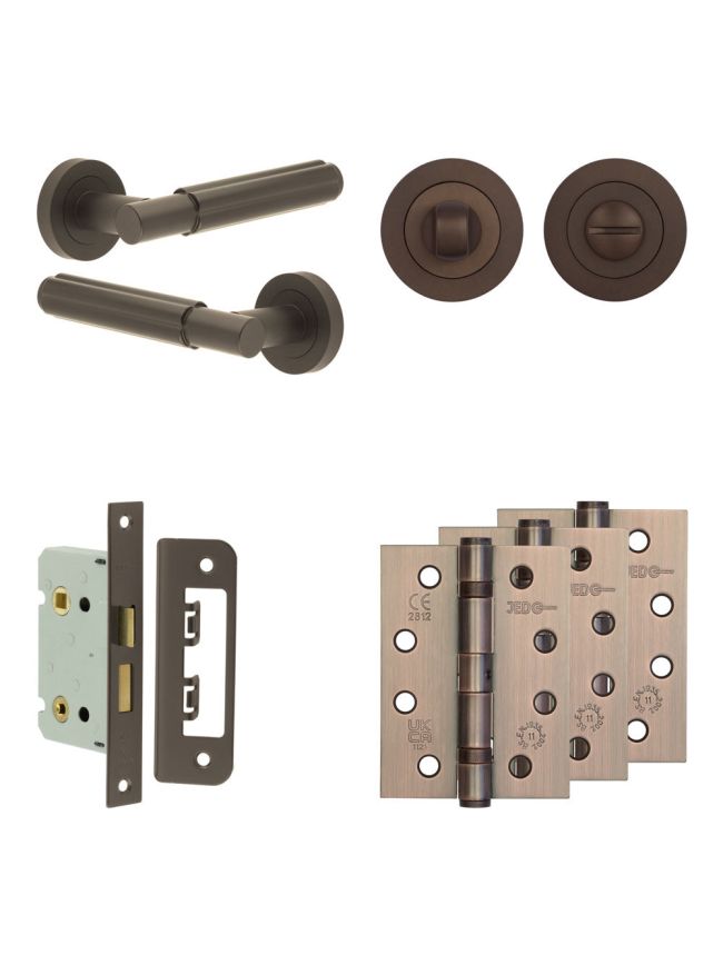 Complete Bloom Door Handle Pack - Bathroom Lock (Standard Thumb Turn) - Dark Bronze - 65mm / 4-inch Hinges - JE-B5A3-DB