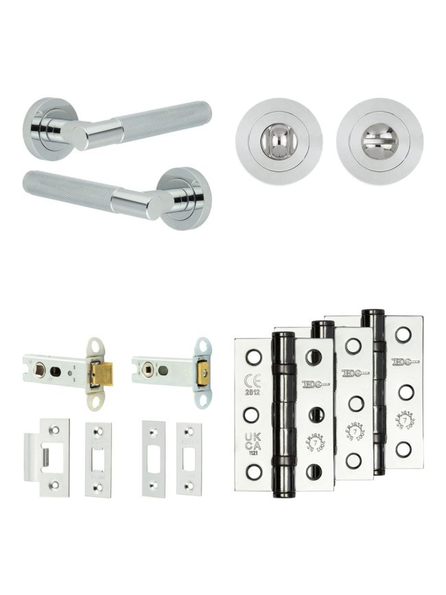 Complete Bari Door Handle Pack - Heavy Duty Tubular Bathroom (Standard Thumb Turn) - Polished Chrome - 76mm / 3-inch Hinges - JE-D31B3-PC
