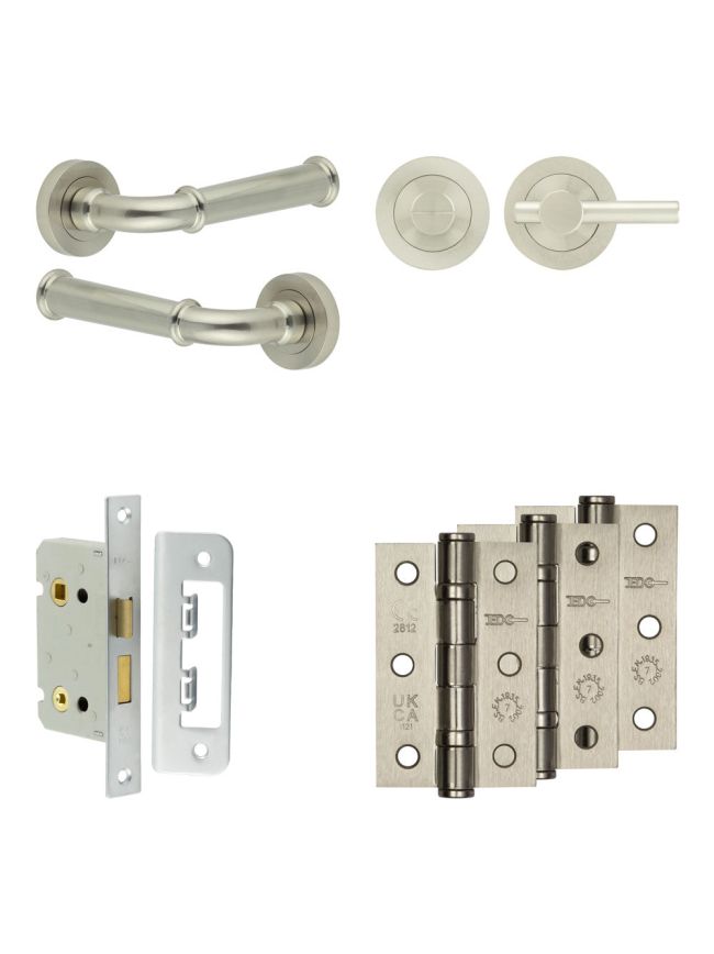 Complete Classic Door Handle Pack - Bathroom Lock (Plain Thumb Turn) - Satin Nickel - 65mm / 3-inch Hinges - JE-A5B2-SN