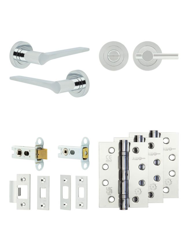 Complete Gio Door Handle Pack - Heavy Duty Tubular Bathroom (Plain Thumb Turn) - Polished Chrome - 64mm / 4-inch Hinges - JE-E30A2-PC