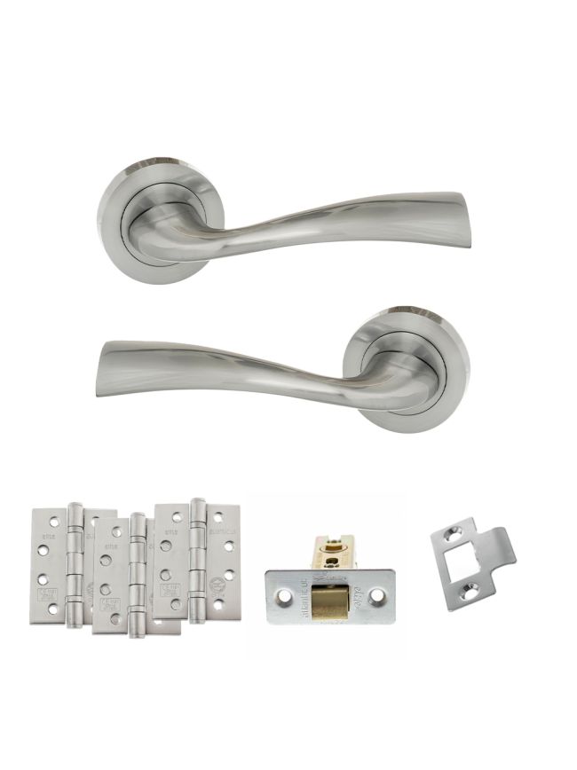 Eco Wave Door Handle Pack (Latch Set - 2.5" CE Latch, 4" Fire Rated Hinges x3) - Polished Chrome