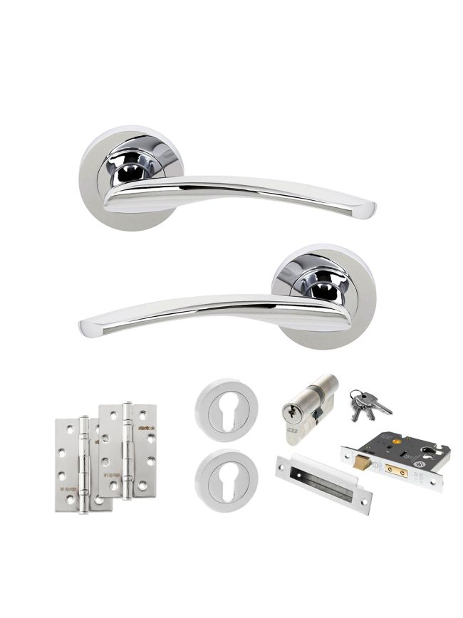 STATUS Arizona Door Handle Pack (Euro Lock Set - 3" CE Sashlock, 4" Slim Knuckle Hinges x2) - Polished Chrome