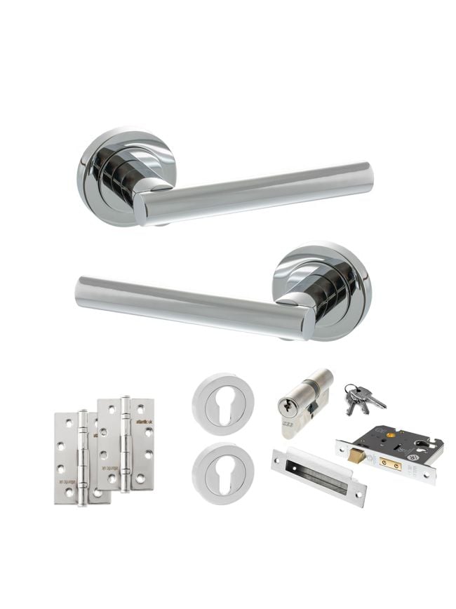 STATUS Nebraska Door Handle Pack (Euro Lock Set - 2.5" CE Sashlock, 4" Slim Knuckle Hinges x2) - Polished Chrome