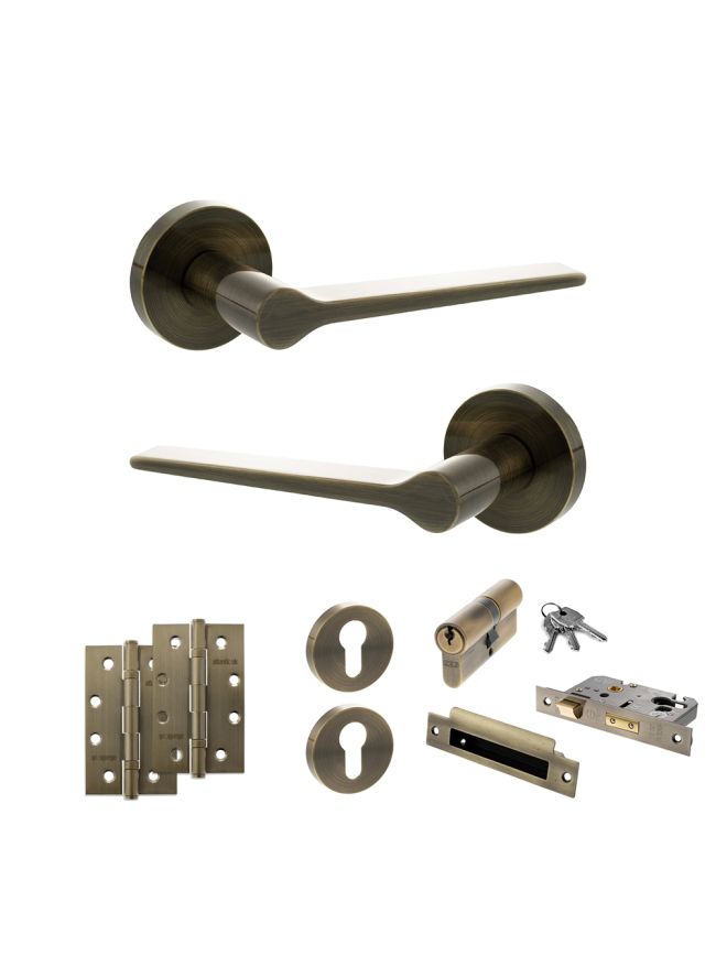Senza Pari Laviano Door Handle Pack (Euro Lock Set - 2.5" CE Sashlock, 4" Slim Knuckle Hinges x2) - Antique Brass