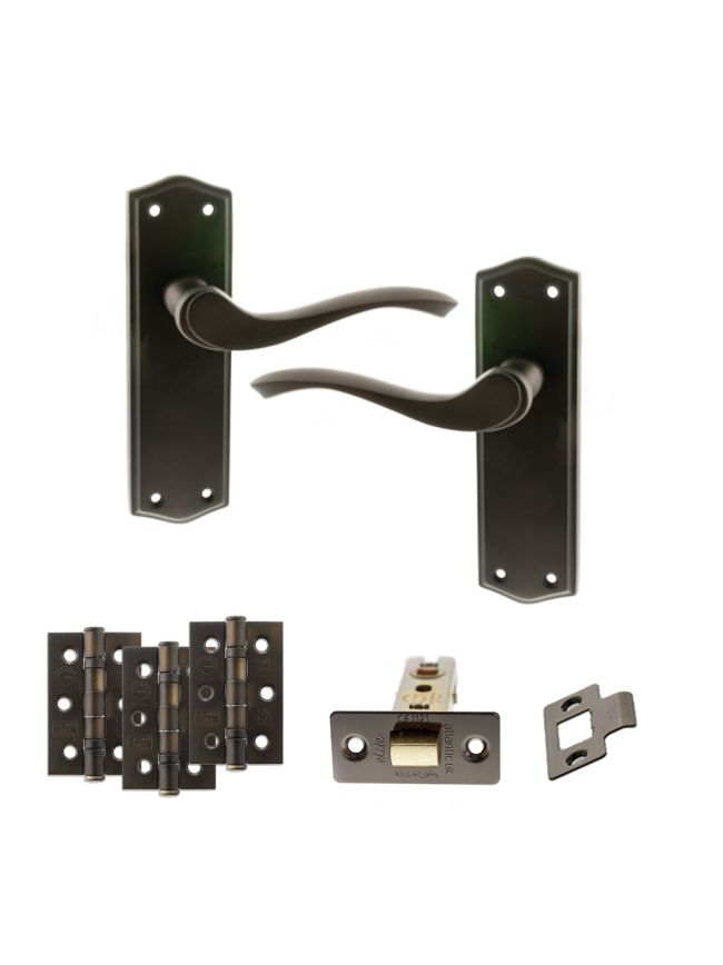 Old English Warwick Door Handle Pack (Latch Set - 2.5" CE Latch, 3" Fire Rated Hinges x3) - Urban Dark Bronze