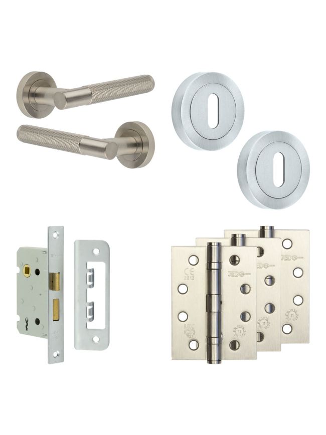 Complete Bari Door Handle Pack - Sashlock - Satin Nickel - 65mm / 4-inch Hinges - JE-D7A8-SN