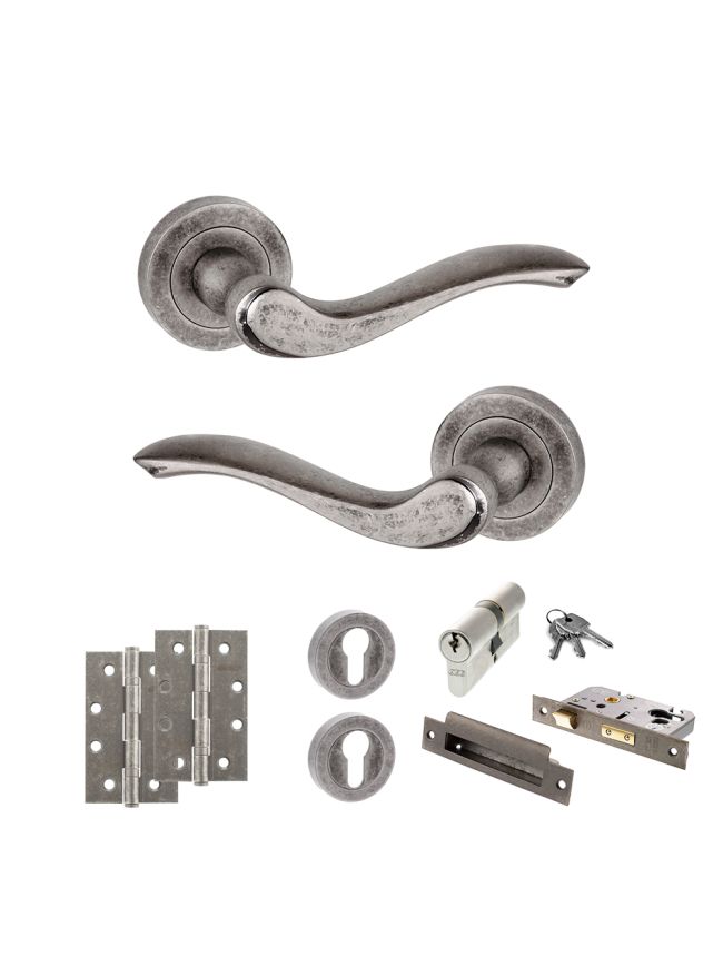 Old English Warwick Door Handle Pack (Euro Lock Set - 3" CE Sashlock, 4" Slim Knuckle Hinges x2) - Distressed Silver