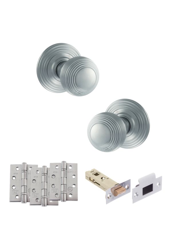 Old English Ripon Door Knob Pack (Latch Set - 4" HD Latch, 4" Fire Rated Hinges x3) - Satin Chrome
