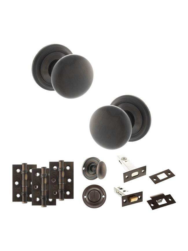 Old English Harrogate Door Knob Pack (Bathroom Set - 4" Deadbolt, 3" Fire Rated Hinges x3) - Urban Dark Bronze