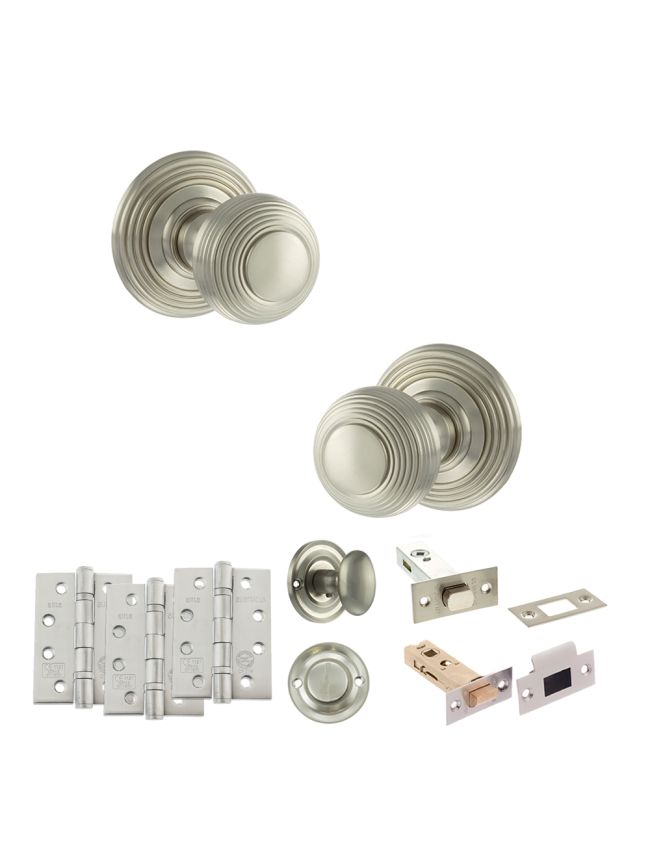 Old English Ripon Door Knob Pack (Bathroom Set - 3" Deadbolt, 4" Fire Rated Hinges x3) - Satin Nickel