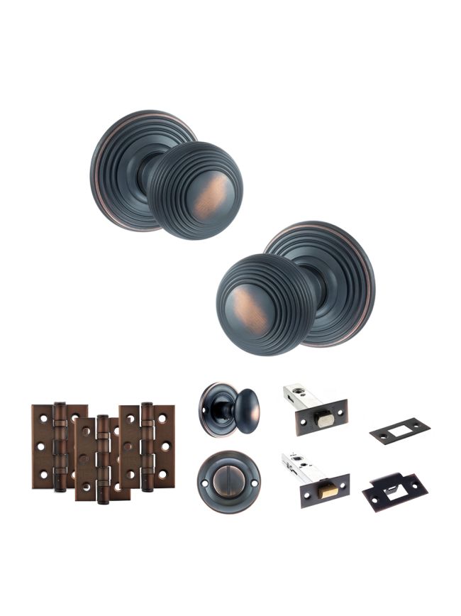 Old English Ripon Door Knob Pack (Bathroom Set - 3" Deadbolt, 3" Fire Rated Hinges x3) - Antique Copper