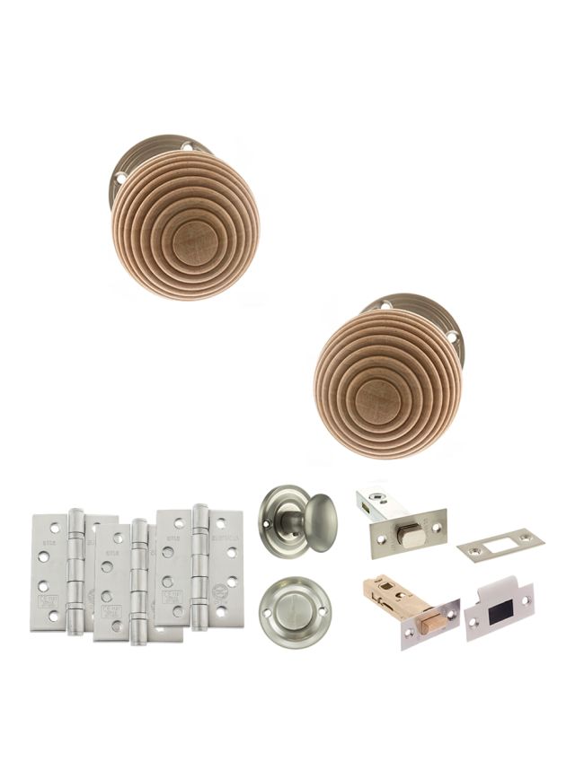 Old English Bridlington Door Knob Pack (Bathroom Set - 3" Deadbolt, 4" Fire Rated Hinges x3) - Satin Nickel