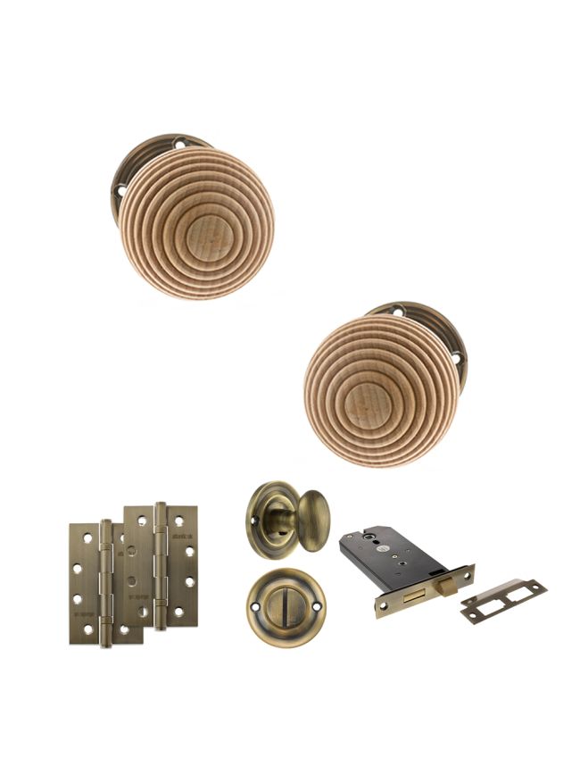 Old English Bridlington Door Knob Pack (Lock Set - Horizontal Bathlock, 4" Slim Knuckle Hinges x2) - Antique Brass