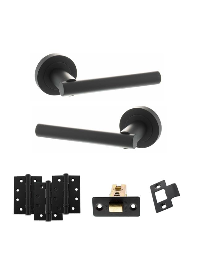 STATUS Nebraska Door Handle Pack (Latch Set - 2.5" CE Latch, 4" Fire Rated Hinges x3) - Matt Black