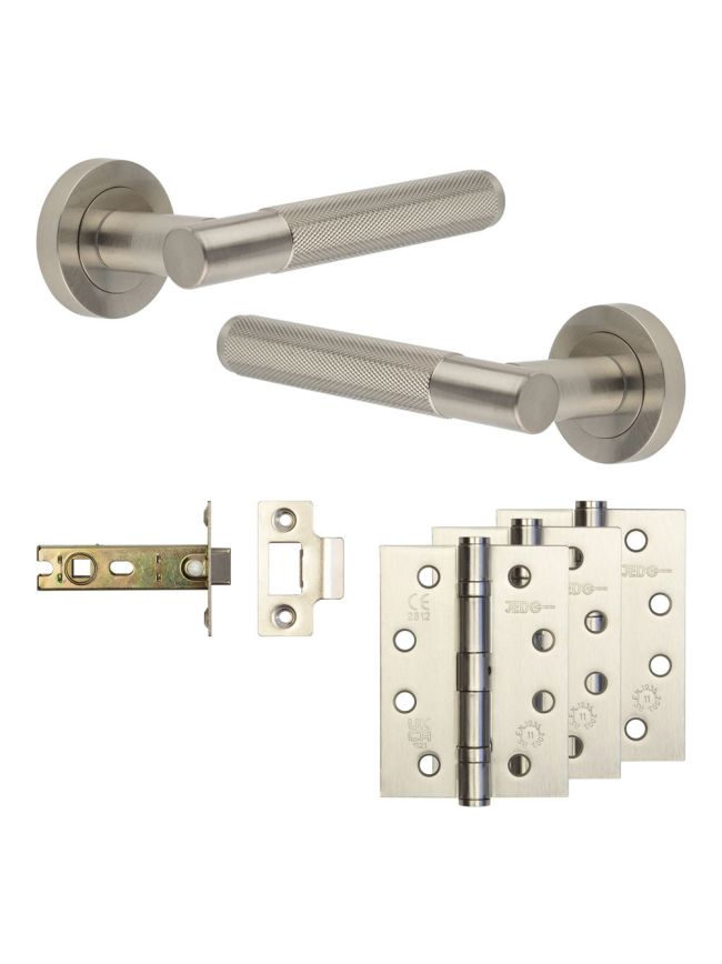 Complete Bari Door Handle Pack - Internal Doors - Satin Nickel - 76mm / 4-inch Hinges - JE-D3A-SN