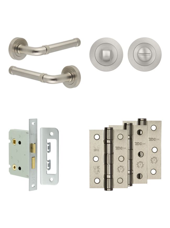 Complete Midtown Door Handle Pack - Bathroom Lock (Standard Thumb Turn) - Satin Nickel - 76mm / 3-inch Hinges - JE-G6B3-SN