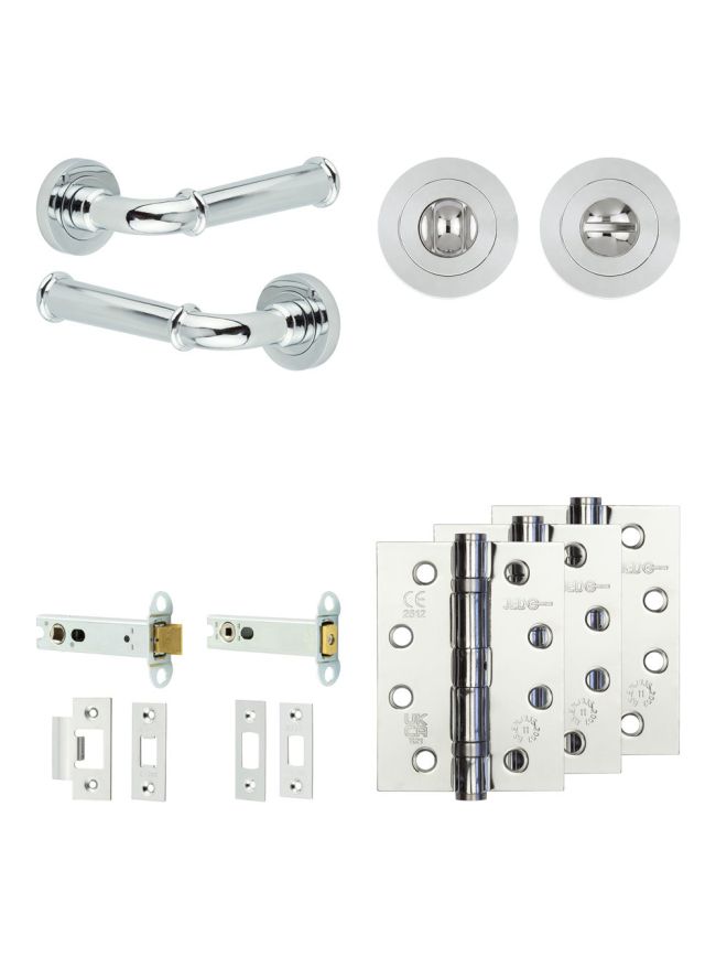 Complete Classic Door Handle Pack - Heavy Duty Tubular Bathroom (Standard Thumb Turn) - Polished Chrome - 102mm / 4-inch Hinges - JE-A32A3-PC