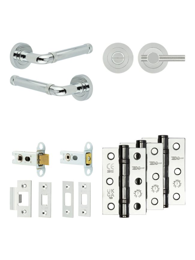 Complete Midtown Door Handle Pack - Heavy Duty Tubular Bathroom (Knurled Thumb Turn) - Polished Chrome - 64mm / 3-inch Hinges - JE-G30B1-PC