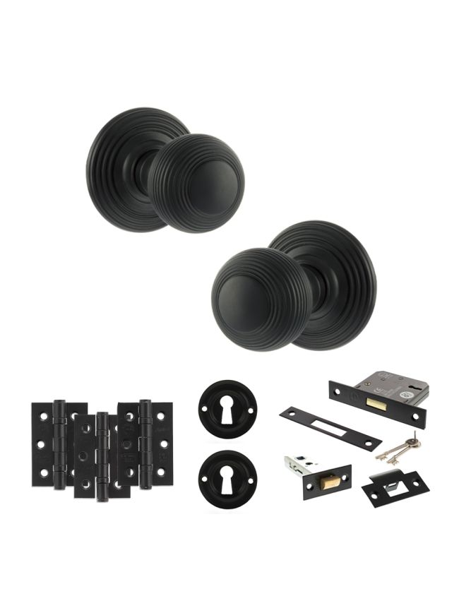 Old English Ripon Door Knob Pack (Lock Set - 3" Latch & Deadlock, 3" Fire Rated Hinges x3) - Matt Black