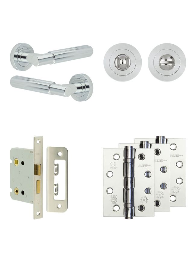 Complete Bloom Door Handle Pack - Bathroom Lock (Standard Thumb Turn) - Polished Chrome - 76mm / 4-inch Hinges - JE-B6A3-PC