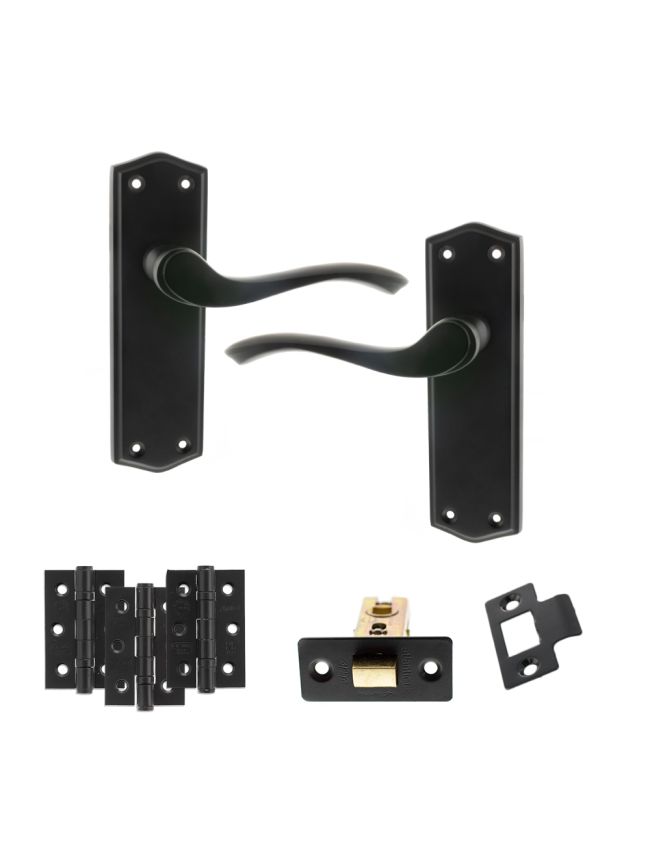 Old English Warwick Door Handle Pack (Latch Set - 3" CE Latch, 3" Fire Rated Hinges x3) - Matt Black