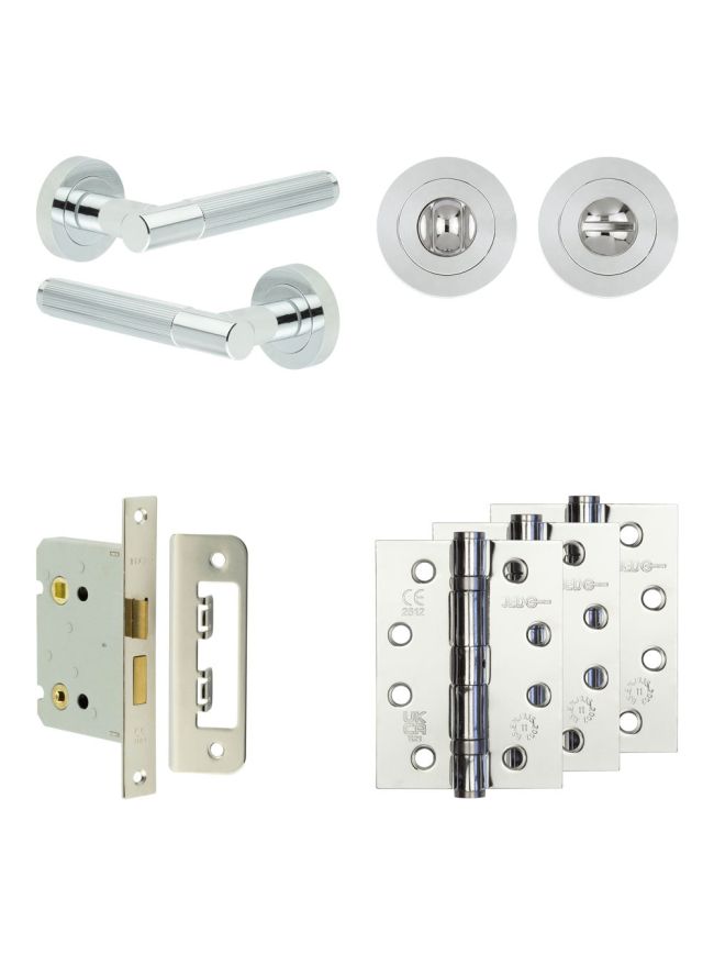 Complete Venice Door Handle Pack - Bathroom Lock (Standard Thumb Turn) - Polished Chrome - 76mm / 4-inch Hinges - JE-F6A3-PC