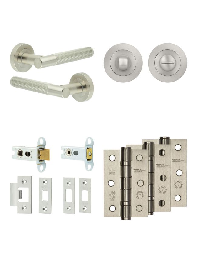 Complete Venice Door Handle Pack - Heavy Duty Tubular Bathroom (Standard Thumb Turn) - Satin Nickel - 64mm / 3-inch Hinges - JE-F30B3-SN