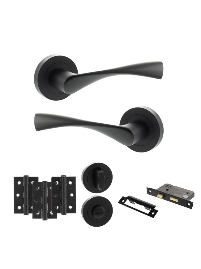 Eco Aqua Door Handle Pack (Bathroom Set - 2.5" CE Bathroom Lock, 3" Fire Rated Hinges x3) - Matt Black