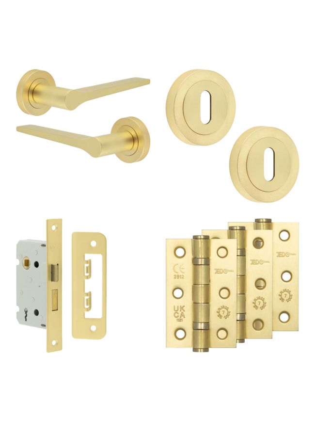 Complete Gio Door Handle Pack - Sashlock - Satin Brass - 65mm / 3-inch Hinges - JE-E7B8-SB