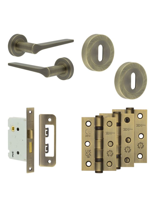 Complete Gio Door Handle Pack - Sashlock - Antique Brass - 76mm / 3-inch Hinges - JE-E8B8-AB