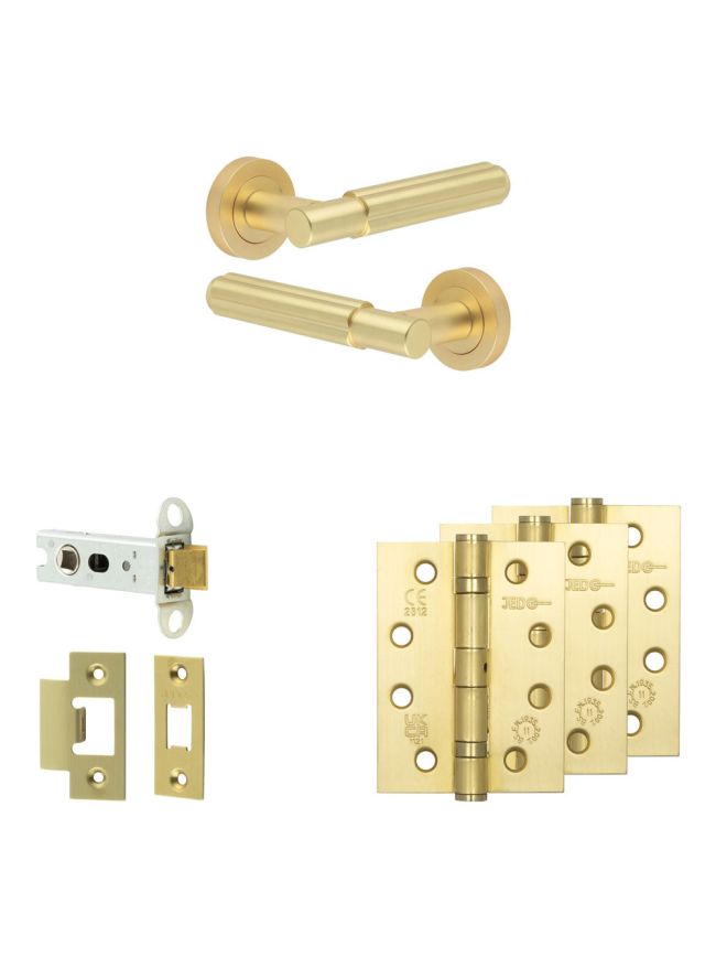 Complete Bloom Door Handle Pack - Heavy Duty Latch - Satin Brass - 76mm / 4-inch Hinges - JE-B21A-SB