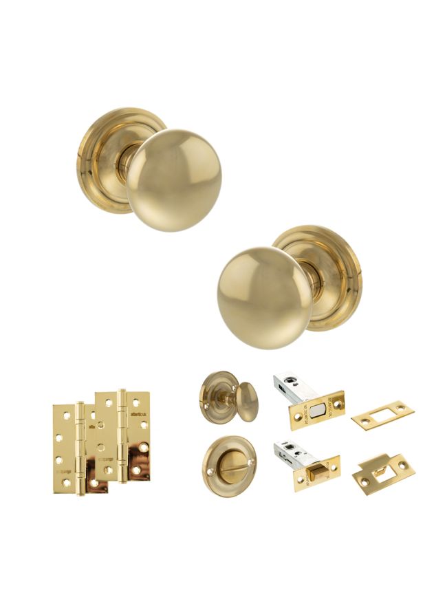 Old English Harrogate Door Knob Pack (Bathroom Set - 3" Deadbolt, 4" Slim Knuckle Hinges x2) - Raw Brass