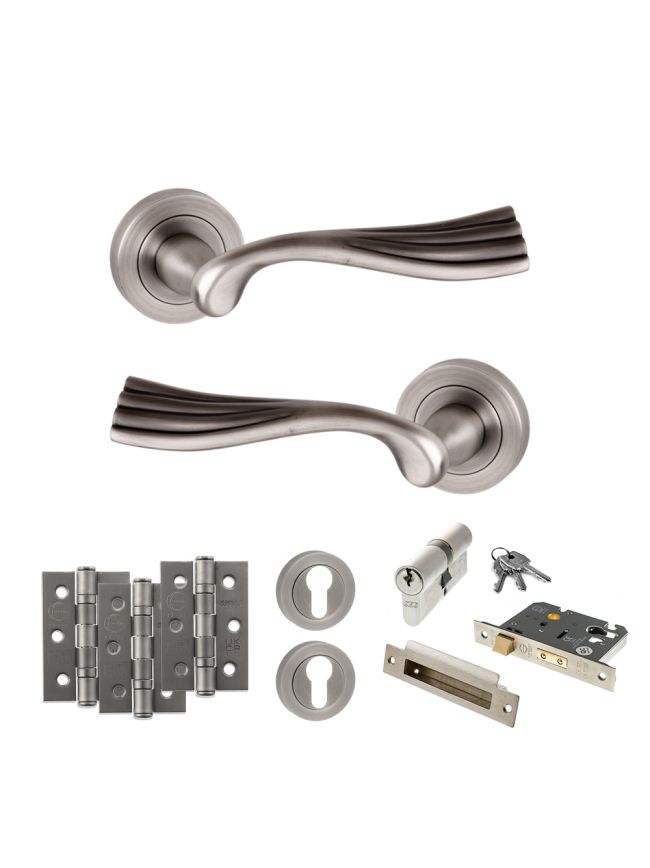 Old English Richmond Door Handle Pack (Euro Lock Set - 2.5" CE Sashlock, 3" Fire Rated Hinges x3) - Matt Gun Metal