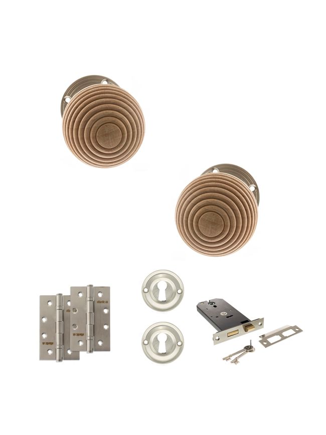 Old English Bridlington Door Knob Pack (Lock Set - Horizontal Sashlock, 4" Slim Knuckle Hinges x2) - Satin Nickel