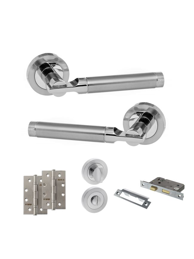STATUS Dakota Door Handle Pack (Bathroom Set - 3" CE Bathroom Lock, 4" Slim Knuckle Hinges x2) - Satin Chrome/Polished Chrome