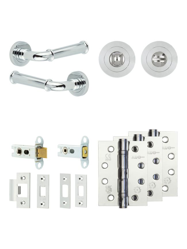 Complete Classic Door Handle Pack - Heavy Duty Tubular Bathroom (Standard Thumb Turn) - Polished Chrome - 64mm / 4-inch Hinges - JE-A30A3-PC