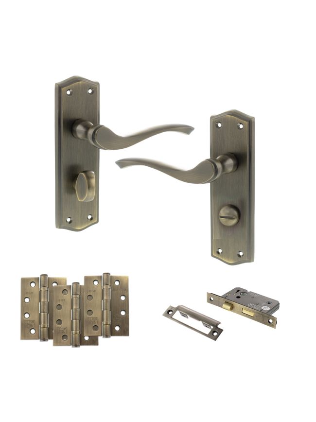 Old English Warwick Door Handle Pack (Bathroom Set - 2.5" CE Bathroom Lock, 4" Fire Rated Hinges x3) - Matt Antique Brass