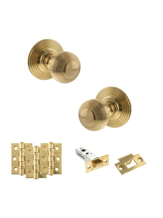 Old English Ripon Door Knob Pack (Latch Set - 3" HD Latch, 3" Fire Rated Hinges x3) - Raw Brass