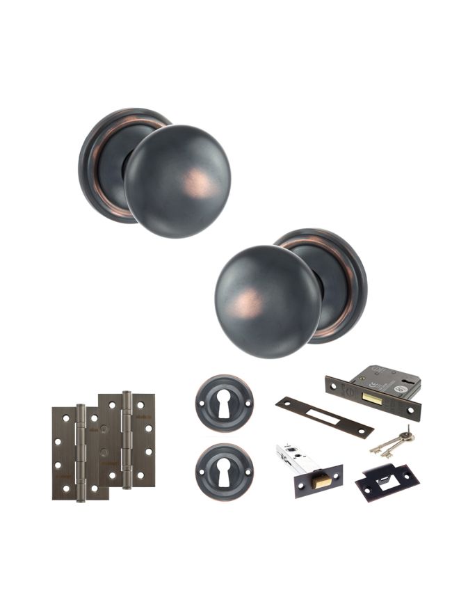 Old English Harrogate Door Knob Pack (Lock Set - 3" Latch & Deadlock, 4" Slim Knuckle Hinges x2) - Antique Copper