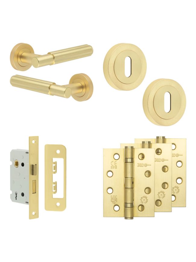 Complete Bloom Door Handle Pack - Sashlock - Satin Brass - 65mm / 4-inch Hinges - JE-B7A8-SB