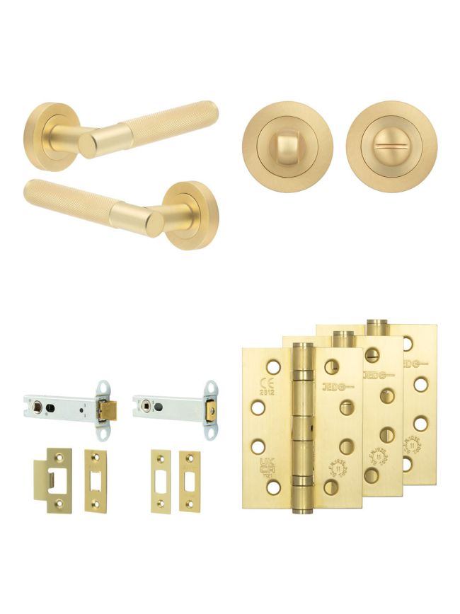 Complete Bari Door Handle Pack - Heavy Duty Tubular Bathroom (Standard Thumb Turn) - Satin Brass - 102mm / 4-inch Hinges - JE-D32A3-SB