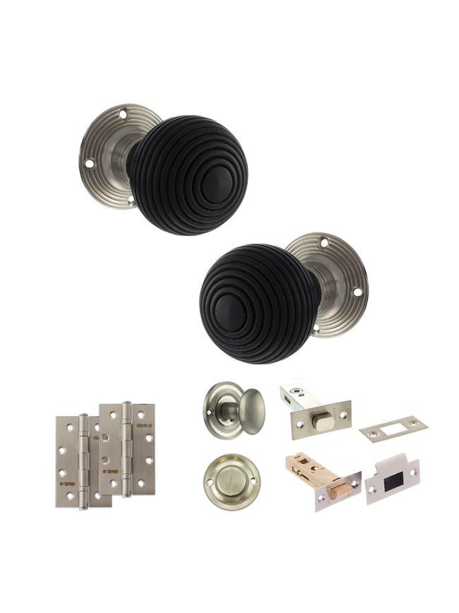 Old English Whitby Door Knob Pack (Bathroom Set - 3" Deadbolt, 4" Slim Knuckle Hinges x2) - Satin Nickel