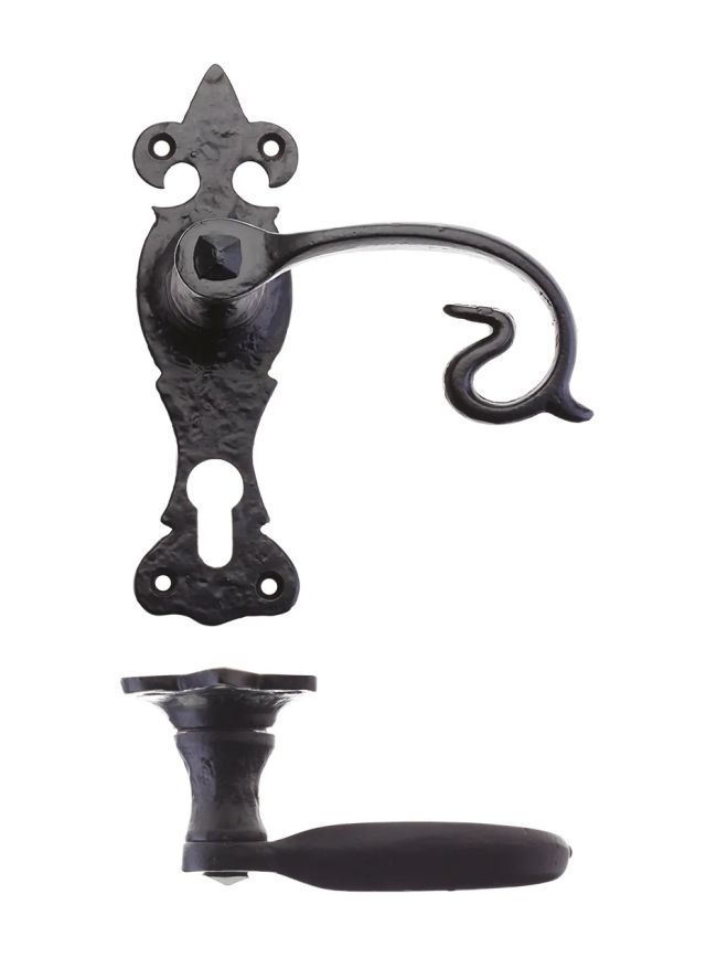 Zoo Hardware Scroll Lever on Fleur De Lys Backplate - 6" - Euro - Black