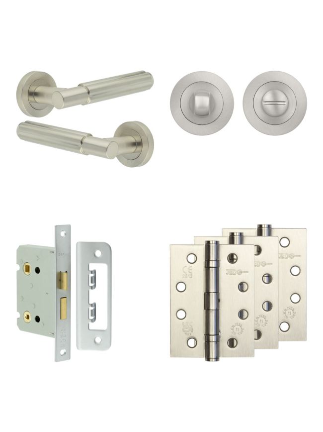 Complete Bloom Door Handle Pack - Bathroom Lock (Standard Thumb Turn) - Satin Nickel - 76mm / 4-inch Hinges - JE-B6A3-SN